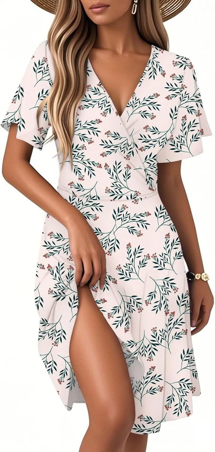 Womens Summer Dresses 2025 V Neck Short Sleeve Boho Floral Printed Midi Dress Casual Beach Vacation Clothes