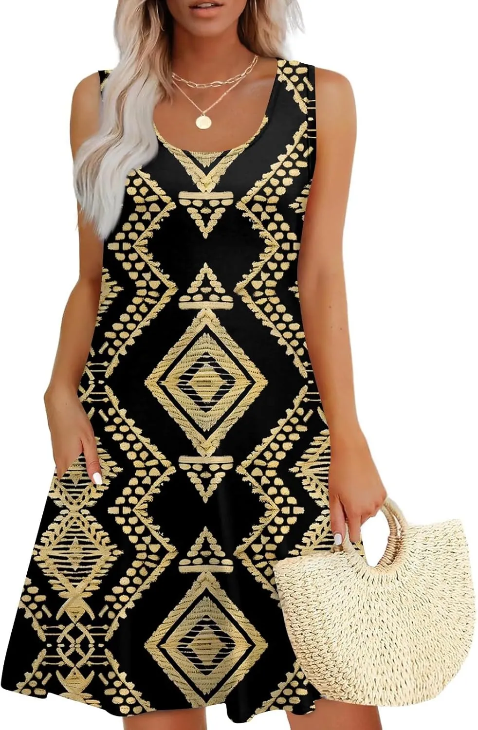 Womens Summer Dresses Flowy Sleeveless Mini Dress Beach printedSundresses Casual Tshirt Tank Dresses with Pockets