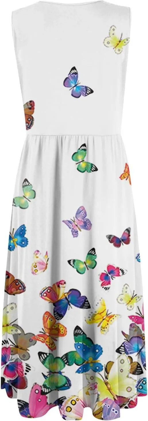 Womens Summer Dresses Loose A-Line Sundresses Flowy Beach Tshirt Tank Dresses Floral Sleeveless Mid Dress with Pockets