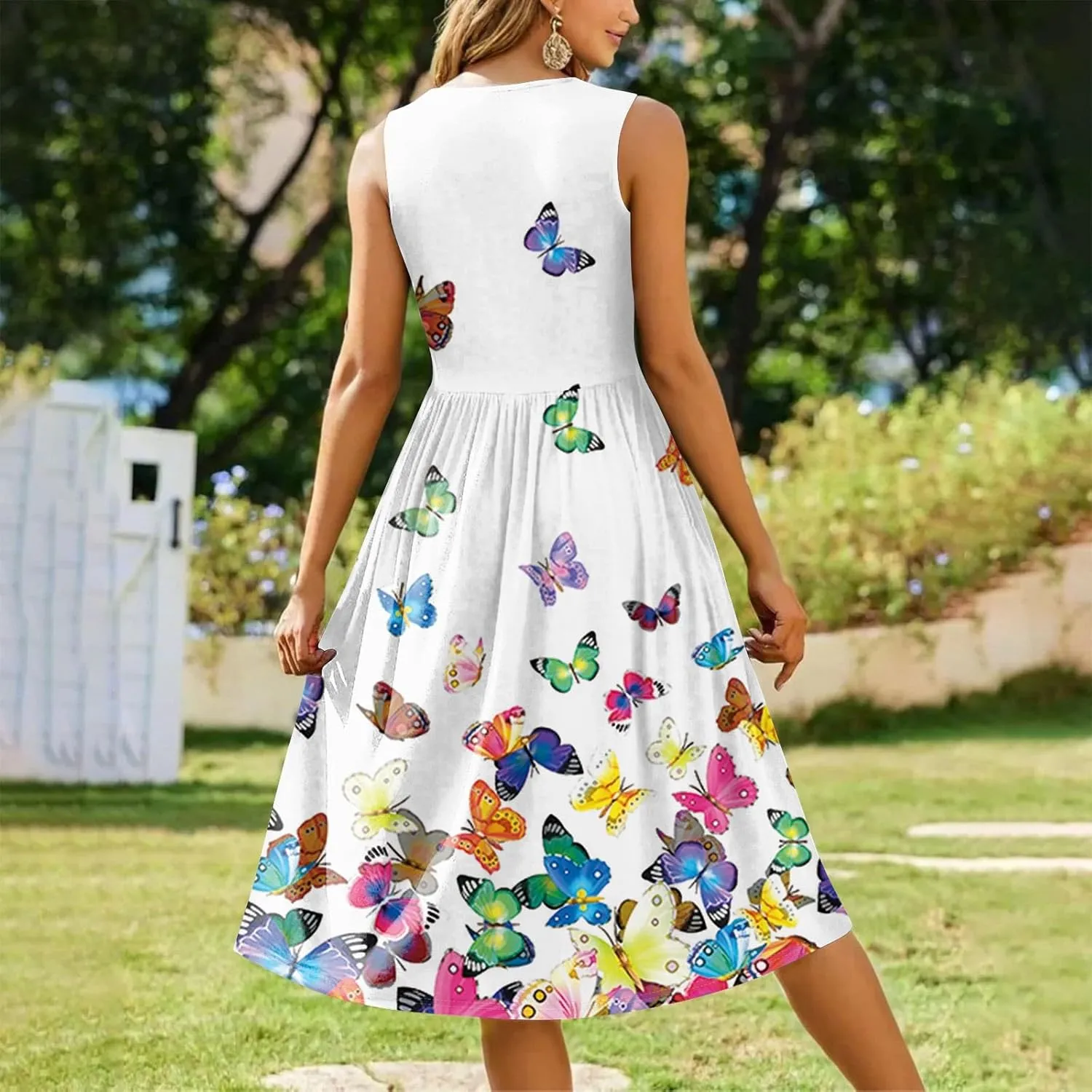 Womens Summer Dresses Loose A-Line Sundresses Flowy Beach Tshirt Tank Dresses Floral Sleeveless Mid Dress with Pockets