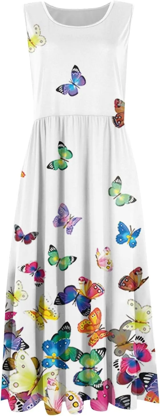 Womens Summer Dresses Loose A-Line Sundresses Flowy Beach Tshirt Tank Dresses Floral Sleeveless Mid Dress with Pockets
