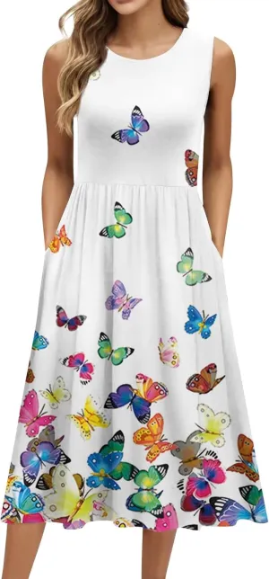 Womens Summer Dresses Loose A-Line Sundresses Flowy Beach Tshirt Tank Dresses Floral Sleeveless Mid Dress with Pockets