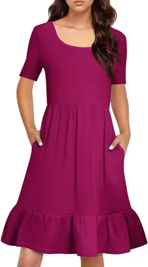 Womens Summer Dresses Short Sleeve O Neck Pleated Swing Mini Dress Solid Color Ruffle Hem Beach Vacation Sundress