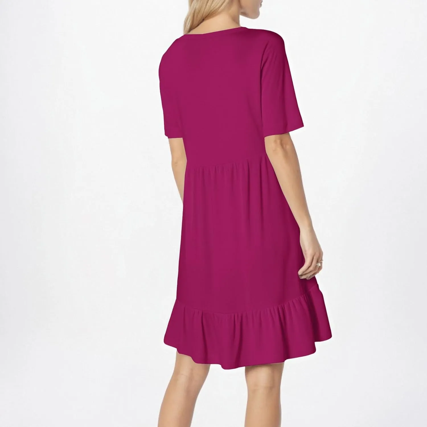 Womens Summer Dresses Short Sleeve O Neck Pleated Swing Mini Dress Solid Color Ruffle Hem Beach Vacation Sundress