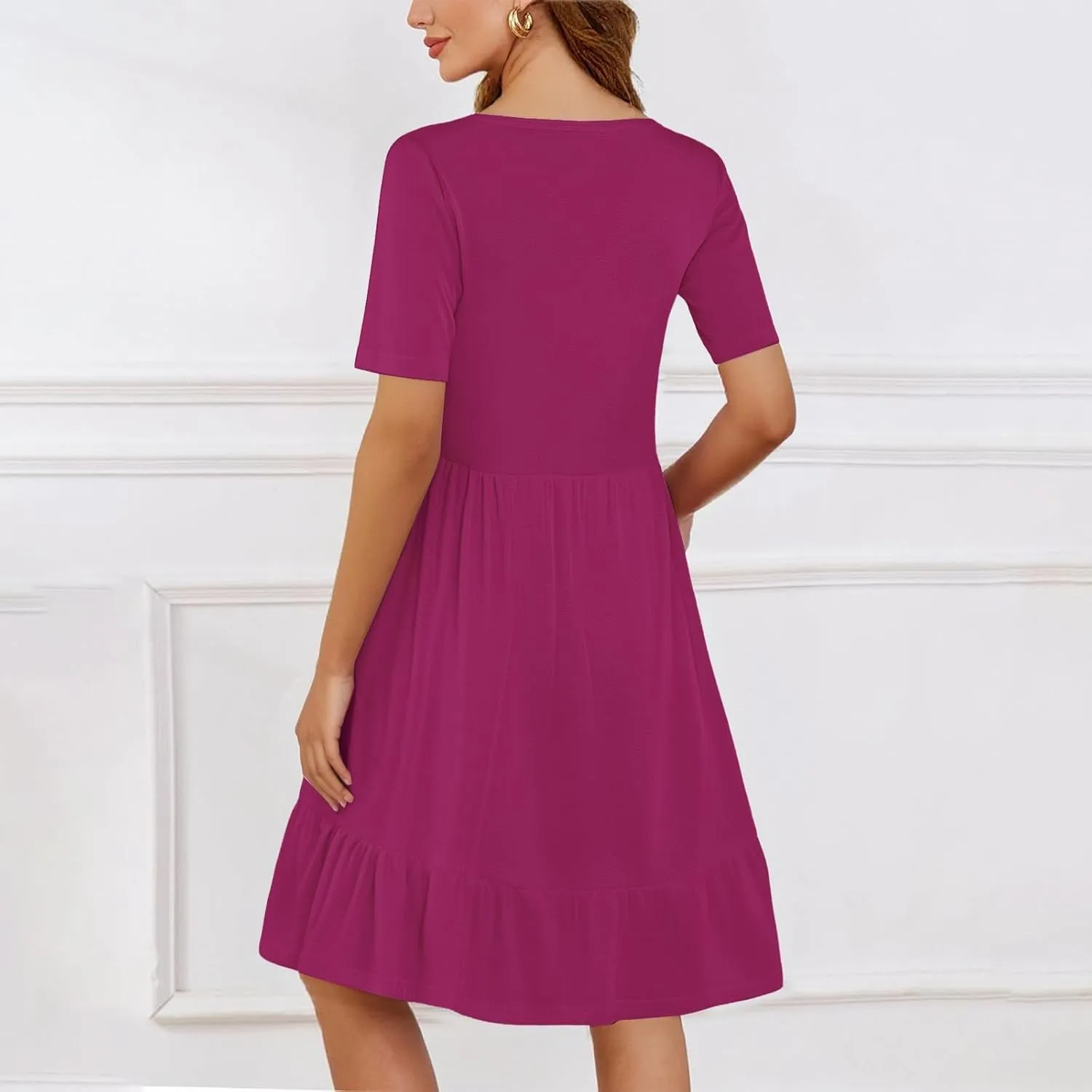 Womens Summer Dresses Short Sleeve O Neck Pleated Swing Mini Dress Solid Color Ruffle Hem Beach Vacation Sundress