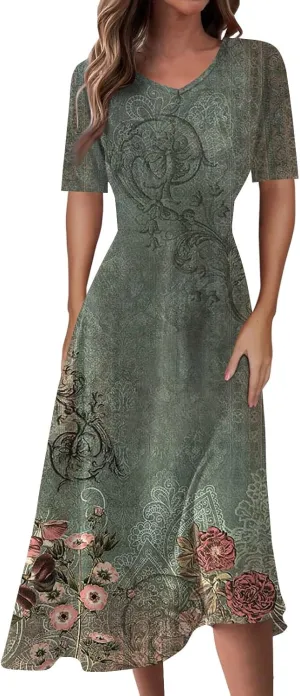 Womens Summer Dresses Short Sleeve V Neck T Shirt Dress Elegant Vintage Dresses Plus Size Casual Cocktail Dresses
