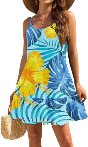 Women's Summer Floral Mini Dresses, Spaghetti Strap Cold Shoulder Ruffle Hem Swimsuits Beach Cover Up Sundress