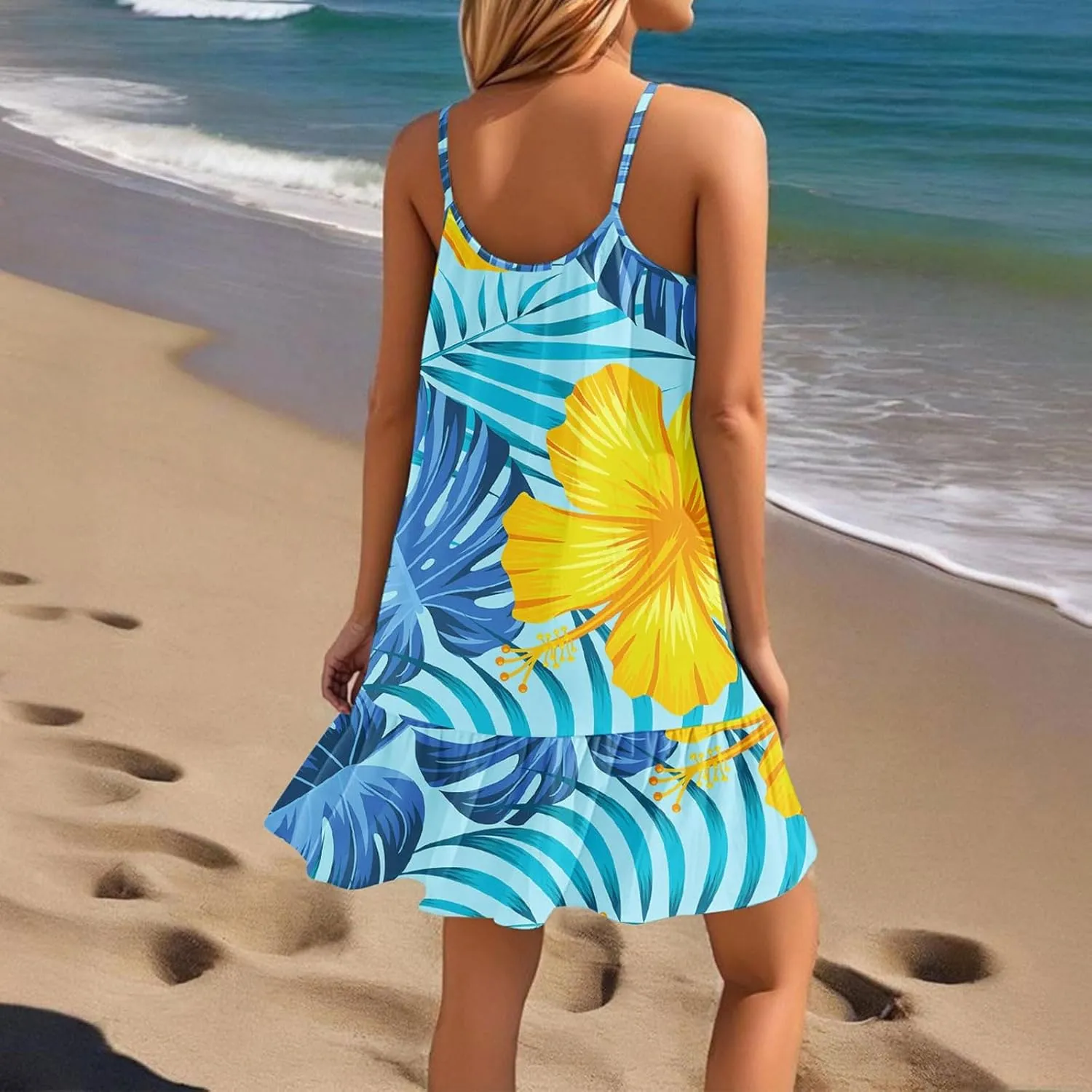Women's Summer Floral Mini Dresses, Spaghetti Strap Cold Shoulder Ruffle Hem Swimsuits Beach Cover Up Sundress