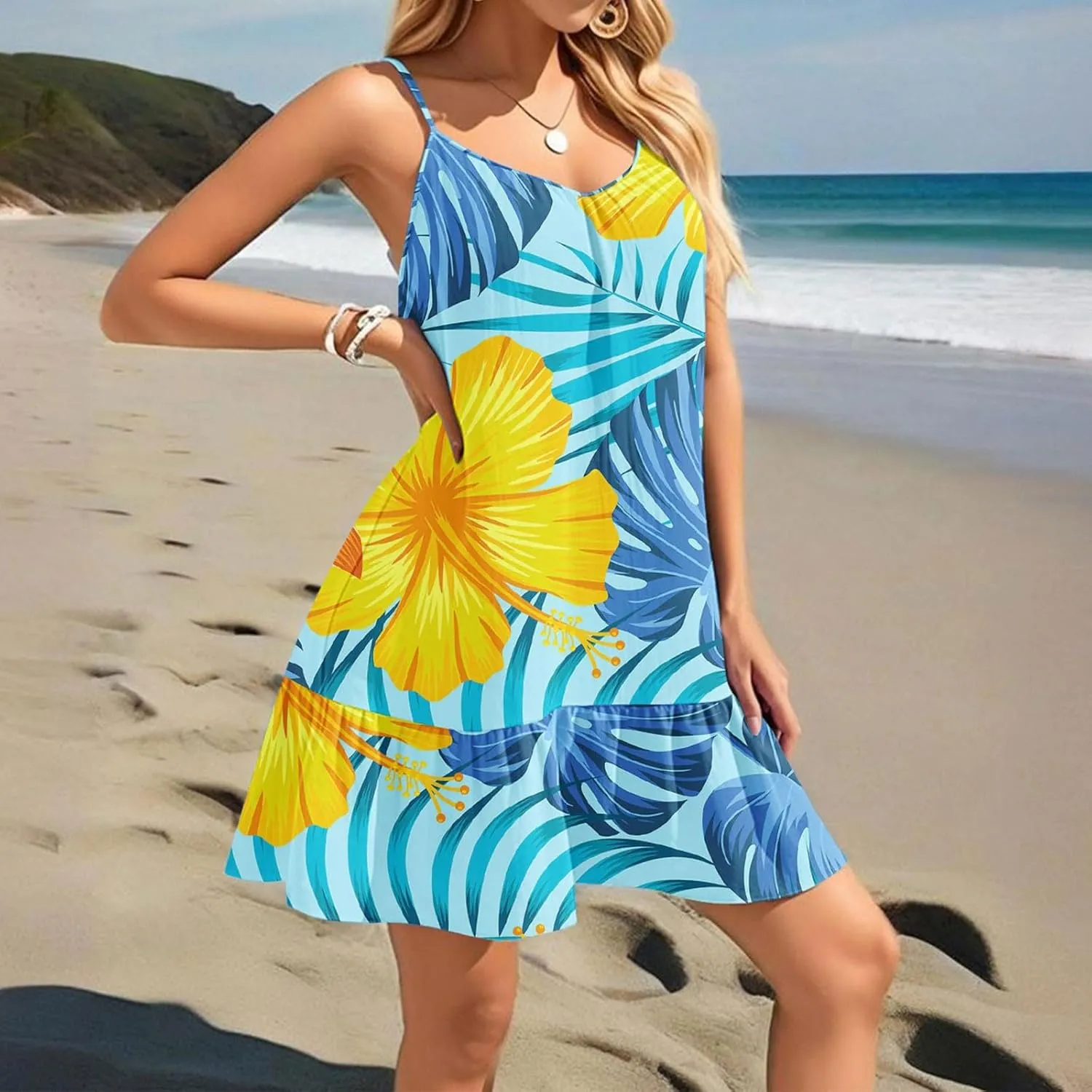 Women's Summer Floral Mini Dresses, Spaghetti Strap Cold Shoulder Ruffle Hem Swimsuits Beach Cover Up Sundress