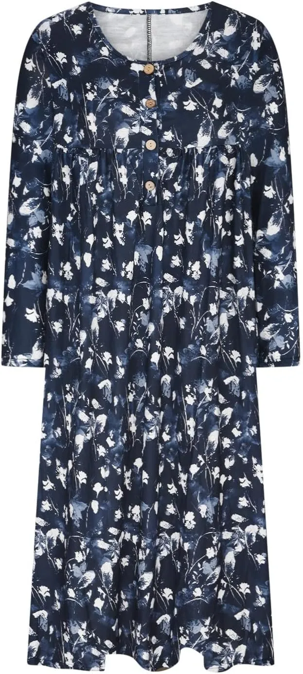 Women's Summer Maxi Dress 2025 Casual Short Sleeve Crewneck Flowy Swing Pleated Long Beach Dresses with Pockets
