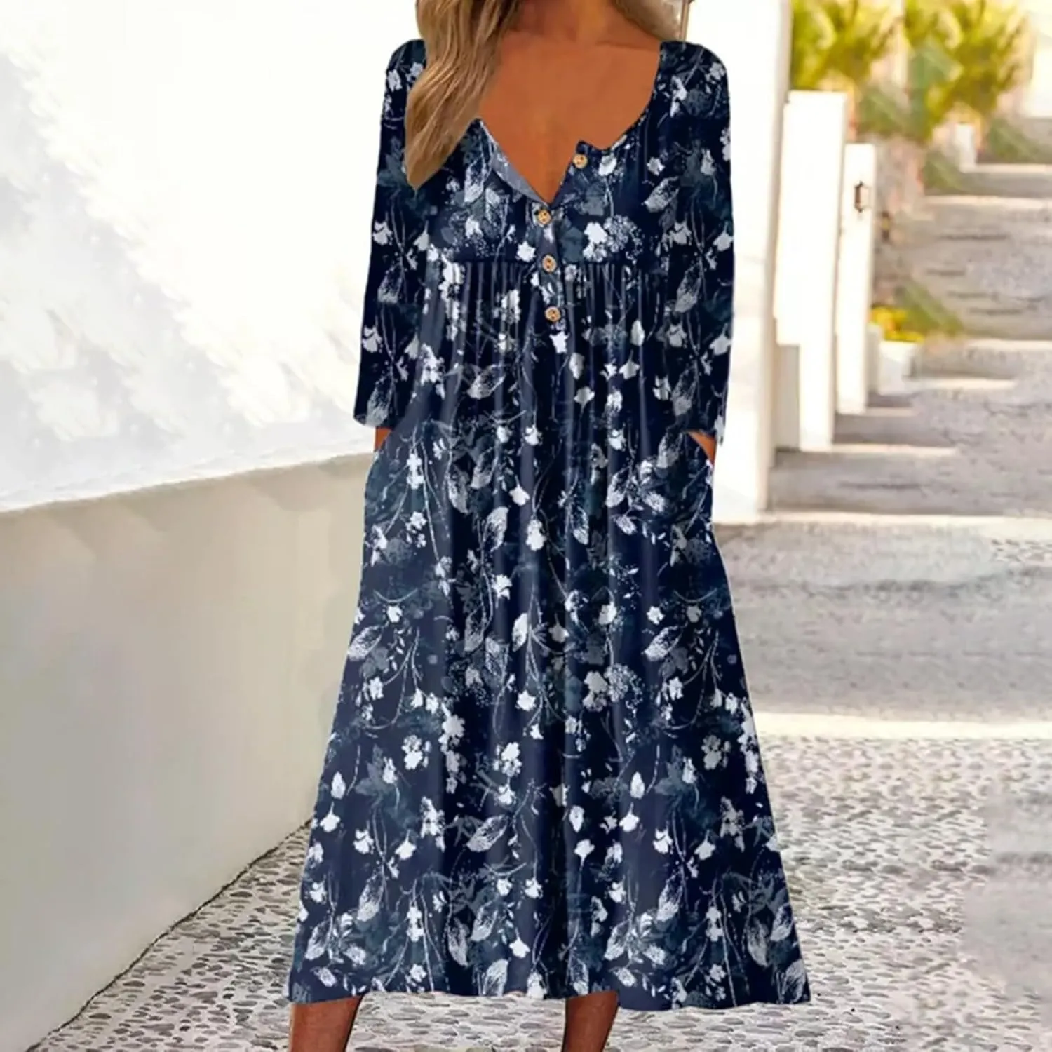 Women's Summer Maxi Dress 2025 Casual Short Sleeve Crewneck Flowy Swing Pleated Long Beach Dresses with Pockets