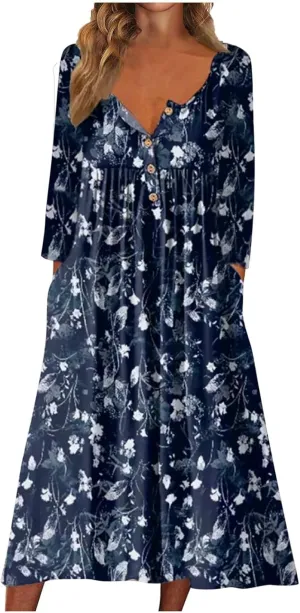 Women's Summer Maxi Dress 2025 Casual Short Sleeve Crewneck Flowy Swing Pleated Long Beach Dresses with Pockets