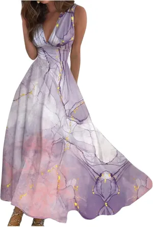 Women's Summer Maxi Dresses V Neck Sleeveless Boho Beach Swing Spring Dresses, S-3XL
