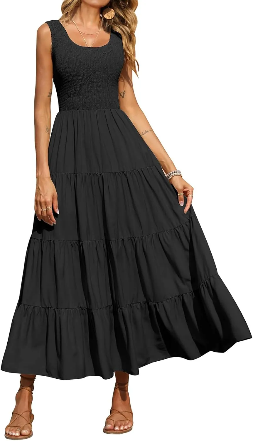 Womens Summer Maxi Sundress Sleeveless Smocked Tiered Tank A-Line Dresses Casual Loose Plain Swing Beach Dress