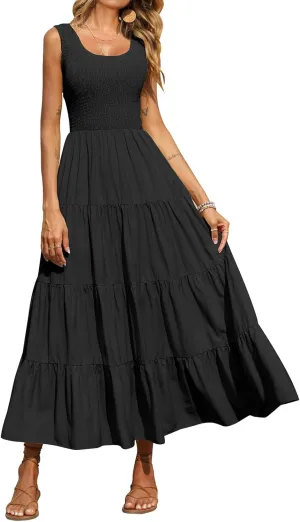 Womens Summer Maxi Sundress Sleeveless Smocked Tiered Tank A-Line Dresses Casual Loose Plain Swing Beach Dress