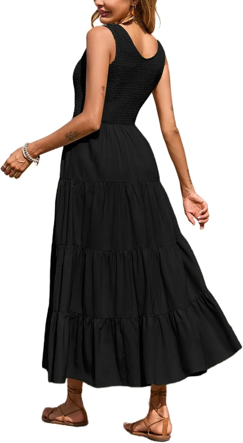 Womens Summer Maxi Sundress Sleeveless Smocked Tiered Tank A-Line Dresses Casual Loose Plain Swing Beach Dress
