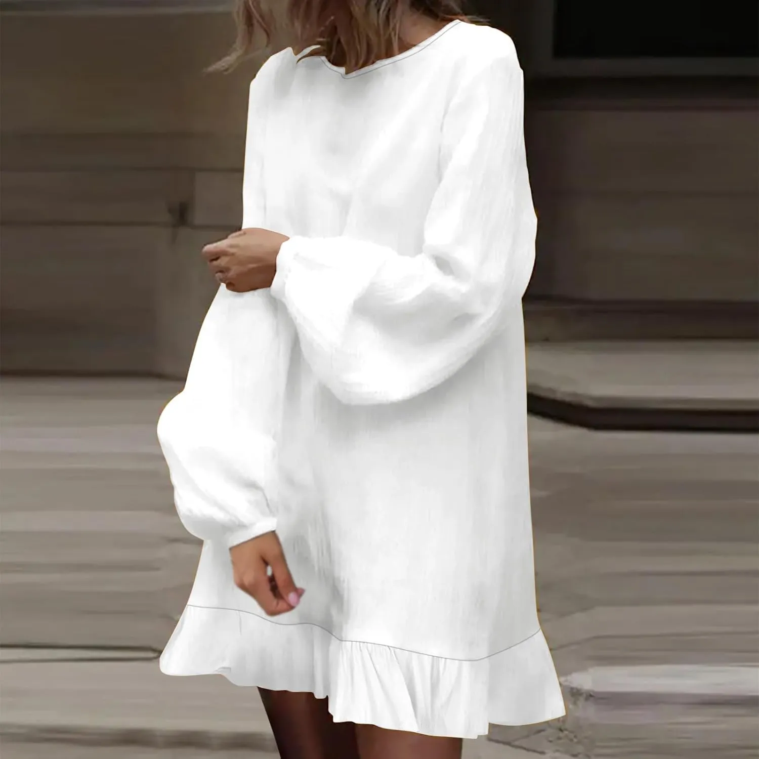 Womens Summer Mini Dress Casual Loose Fit Short Sleeve Ruffle Hem Cotton Linen Dress Flowly Beach Tunic Sundress