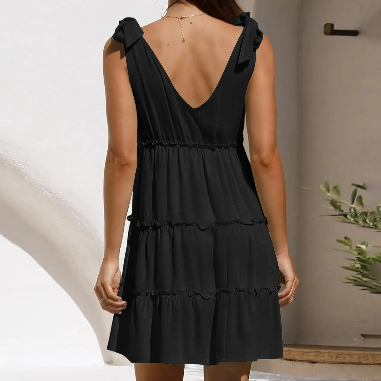 Womens Summer Mini Dress Casual V Neck Sleeveless Tie Shoulder Tiered Ruffle Swing A Line Short Sundresses