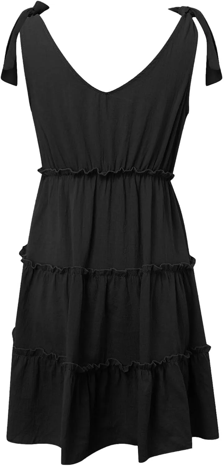 Womens Summer Mini Dress Casual V Neck Sleeveless Tie Shoulder Tiered Ruffle Swing A Line Short Sundresses