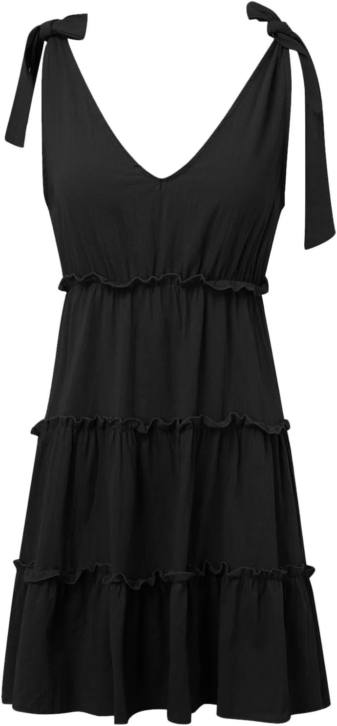 Womens Summer Mini Dress Casual V Neck Sleeveless Tie Shoulder Tiered Ruffle Swing A Line Short Sundresses