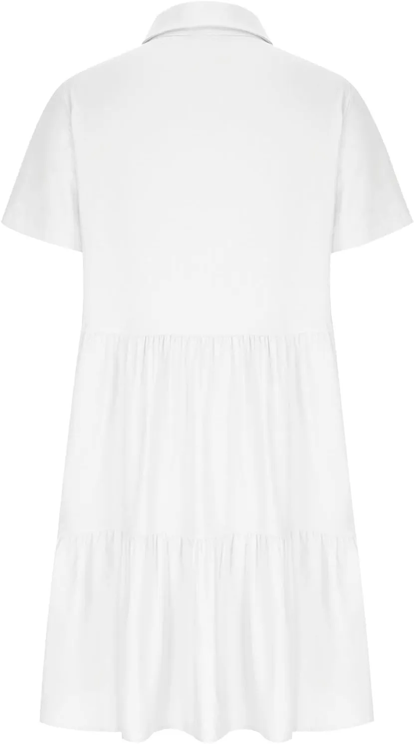 Womens Summer Shirt Dress Lapel Button Front V Neck Swing Dress Short Sleeve Boho Ruffle Baggy Mini Dresses Plus Size
