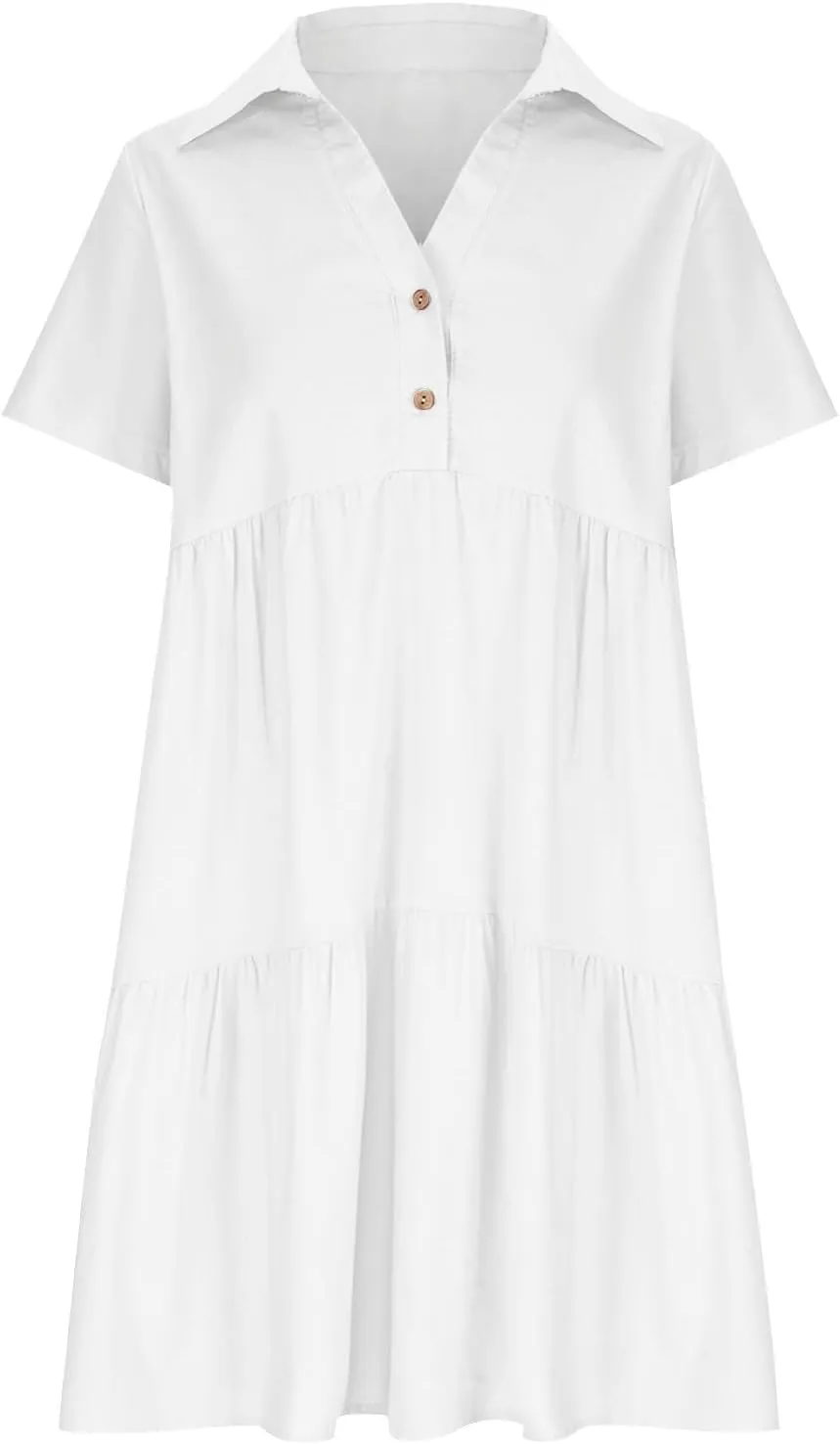 Womens Summer Shirt Dress Lapel Button Front V Neck Swing Dress Short Sleeve Boho Ruffle Baggy Mini Dresses Plus Size