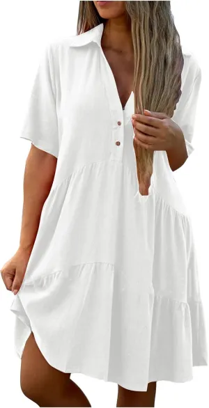 Womens Summer Shirt Dress Lapel Button Front V Neck Swing Dress Short Sleeve Boho Ruffle Baggy Mini Dresses Plus Size