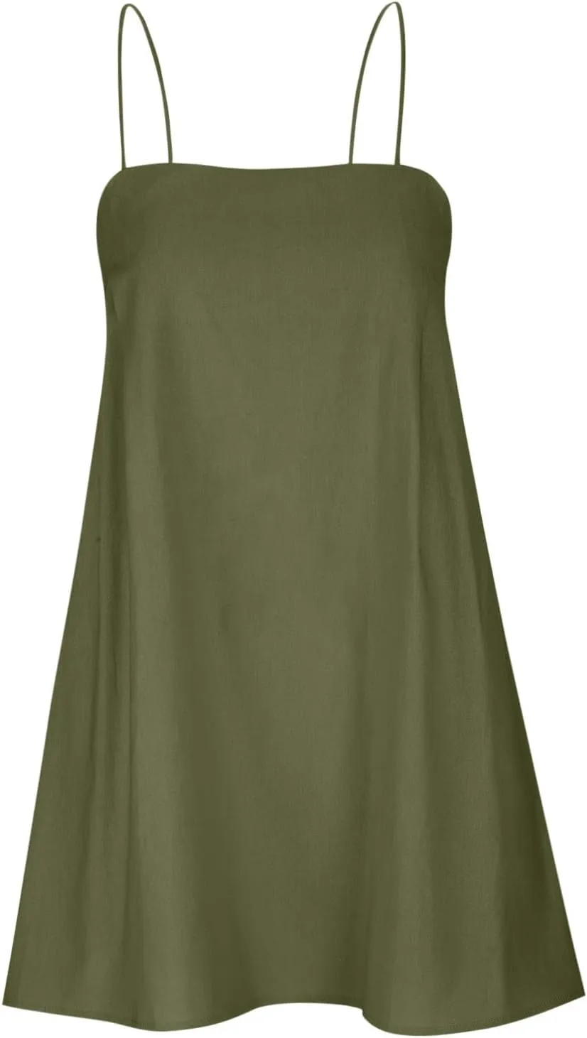 Womens Summer Sleeveless Mini Dress Cotton Linen Spaghetti Strap Sundress Square Neck Solid Beach Camisole Dress