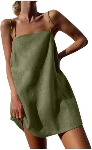 Womens Summer Sleeveless Mini Dress Cotton Linen Spaghetti Strap Sundress Square Neck Solid Beach Camisole Dress