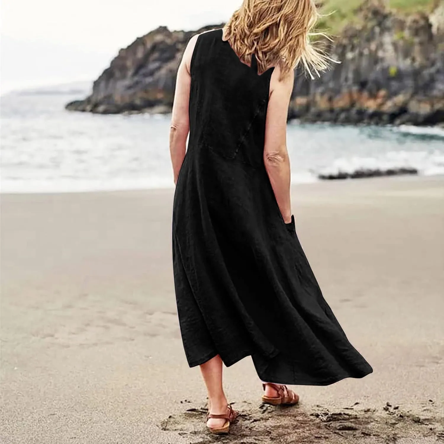 Womens Summer Tank Dresses Casual Beach Floral Sleeveless Linen or Cotton Maxi Dress Travel Outfits Sundress