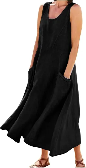 Womens Summer Tank Dresses Casual Beach Floral Sleeveless Linen or Cotton Maxi Dress Travel Outfits Sundress