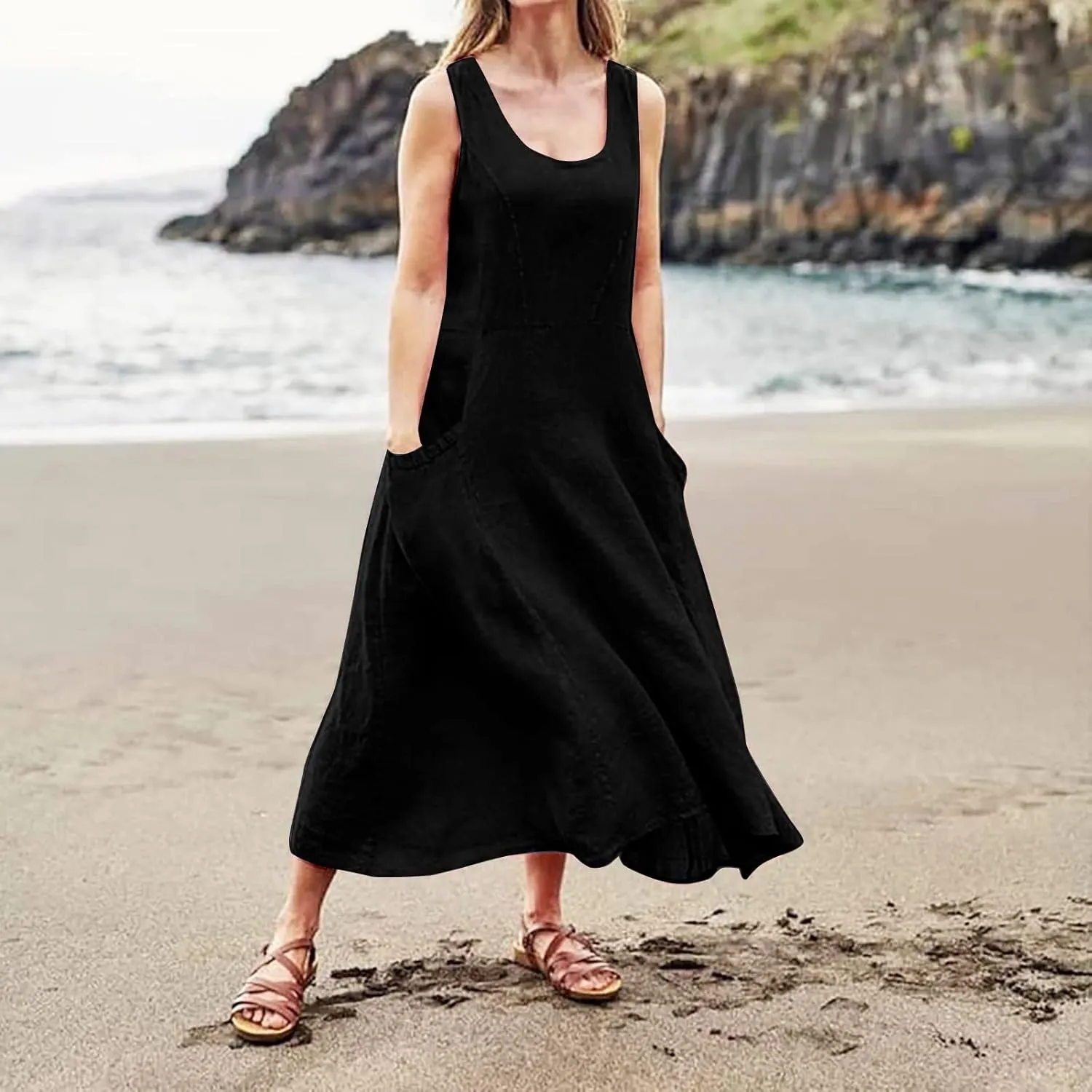 Womens Summer Tank Dresses Casual Beach Floral Sleeveless Linen or Cotton Maxi Dress Travel Outfits Sundress