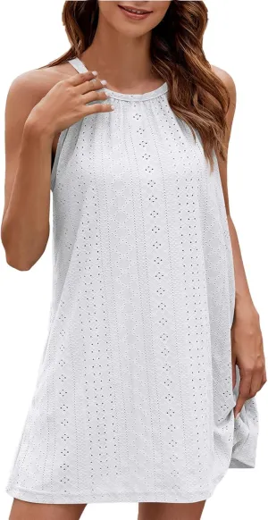 Womens Sundresses Crochet Hollow Out Summer Sleeveless Halter Neck Dresses Loose Beach Mini Dress Swimsuit Cover Up