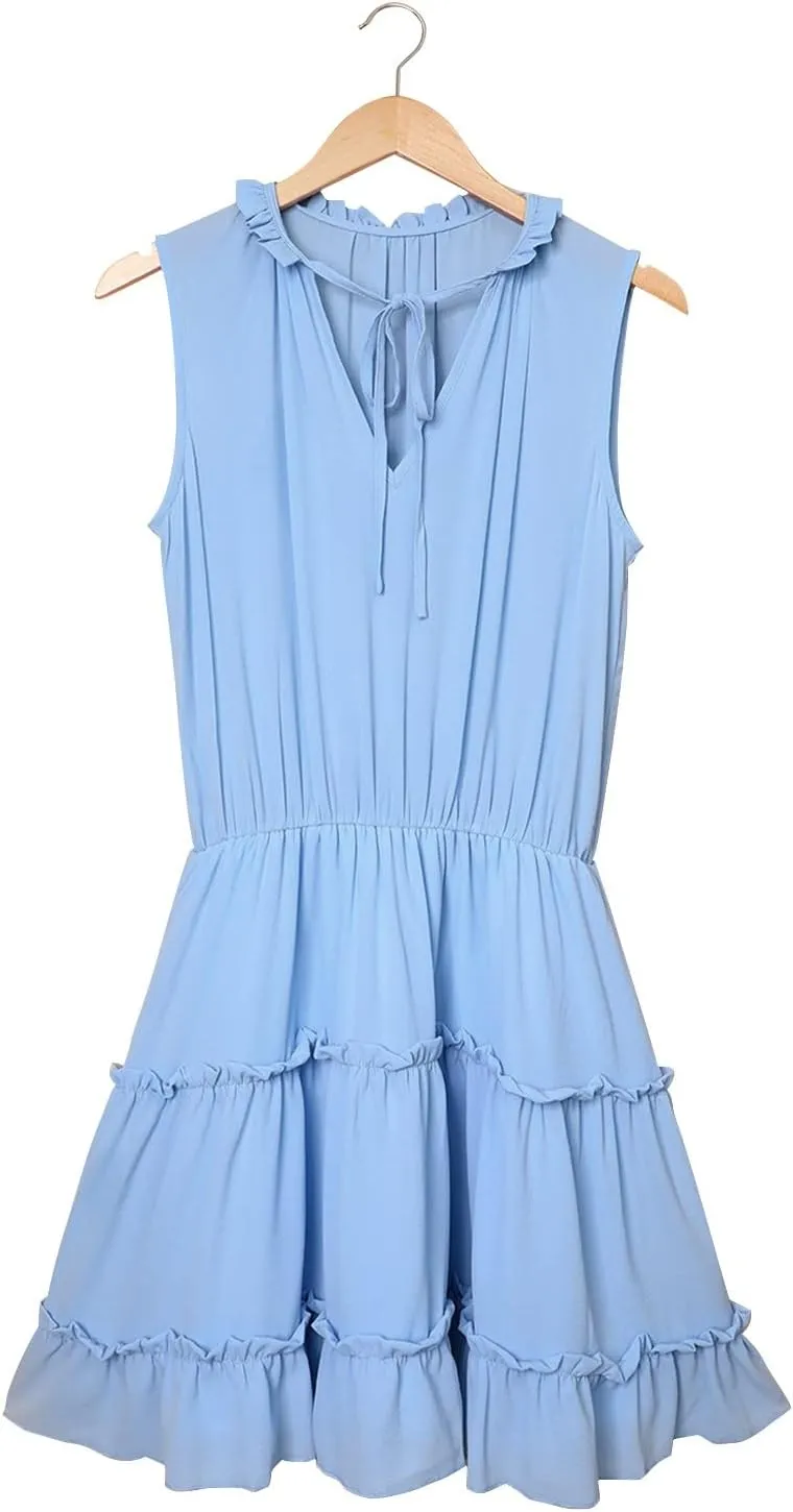 Womens Tiered Swing Mini Dress Casual A Line Summer Ruffle V Neck Tank Dresses Long Sleeve Evening Dress for