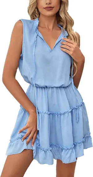 Womens Tiered Swing Mini Dress Casual A Line Summer Ruffle V Neck Tank Dresses Long Sleeve Evening Dress for