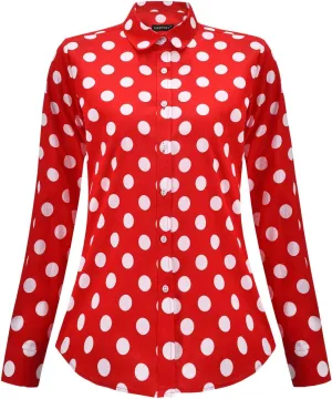 Women's Tops Feminine Long Sleeve Polka Dotted Button Down Casual Dress Blouses Shirts
