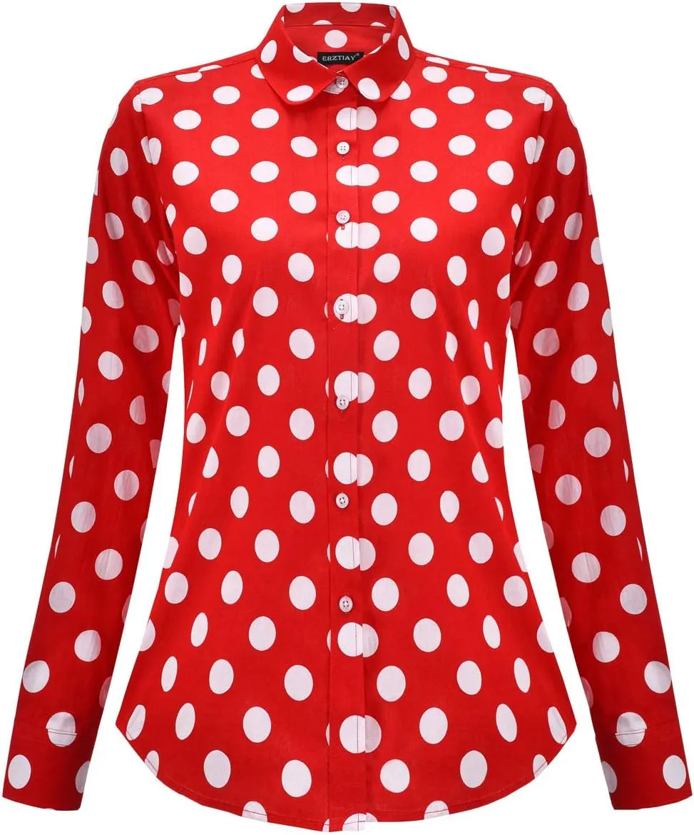 Women's Tops Feminine Long Sleeve Polka Dotted Button Down Casual Dress Blouses Shirts