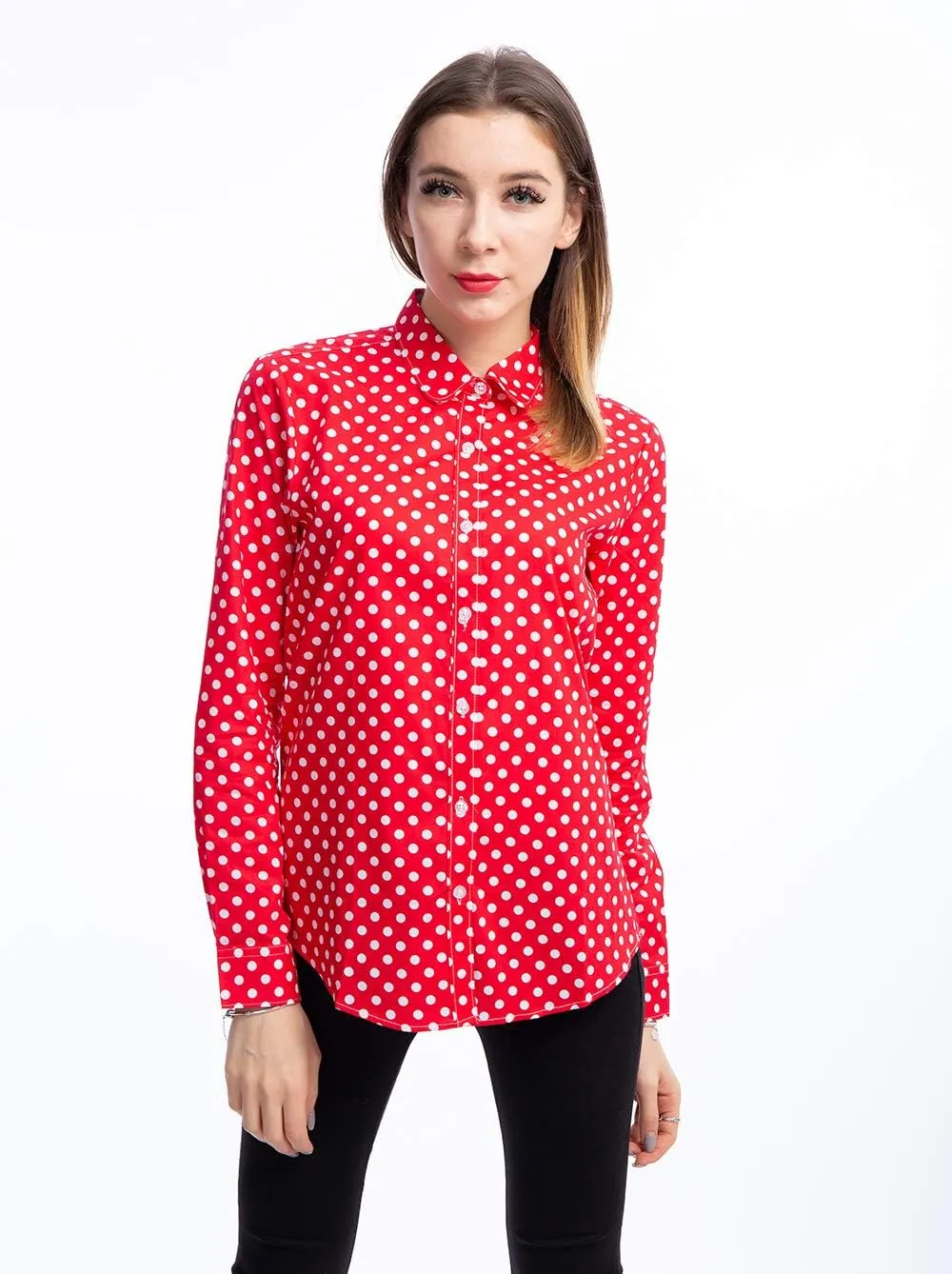Women's Tops Feminine Long Sleeve Polka Dotted Button Down Casual Dress Blouses Shirts