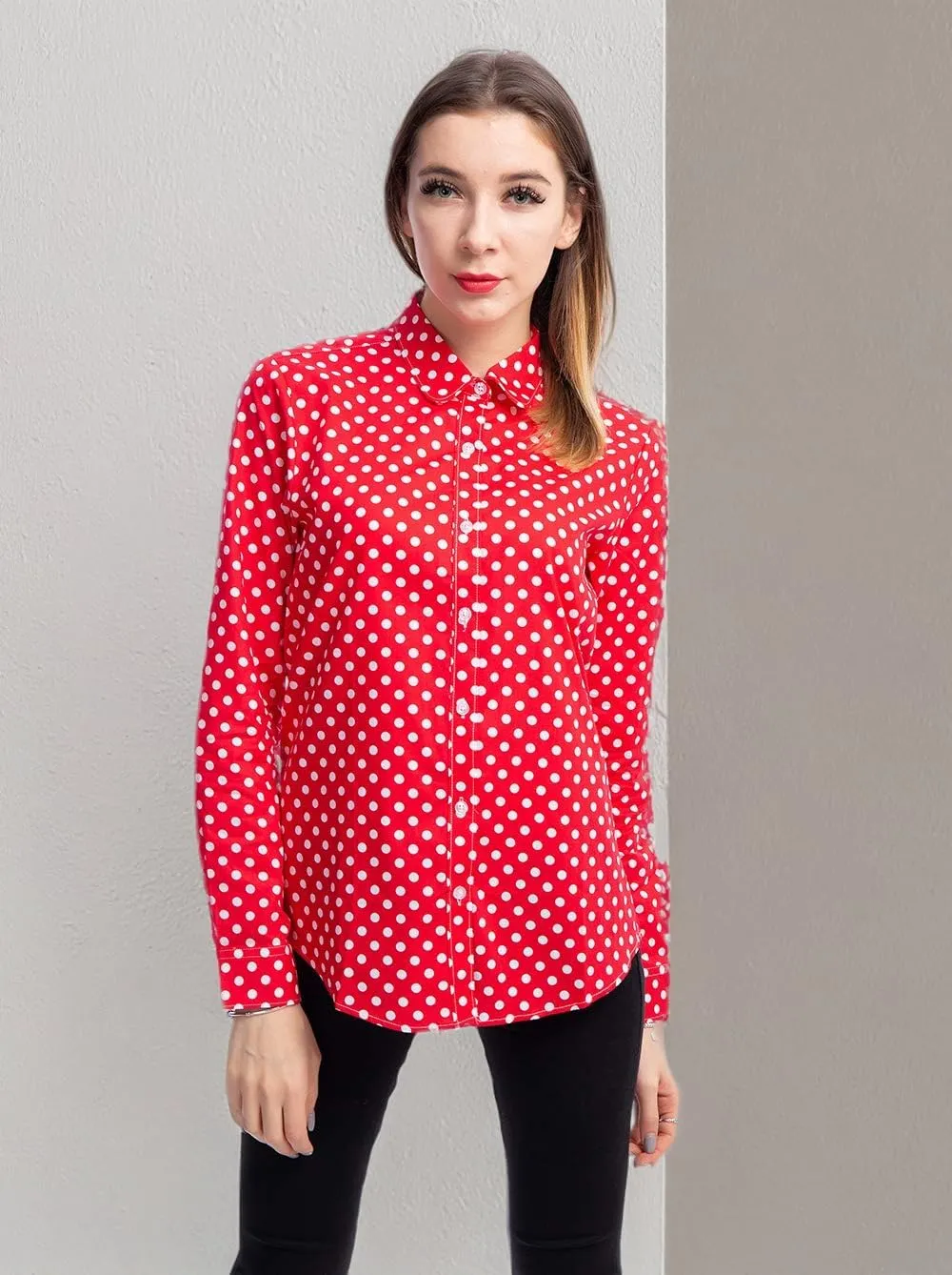 Women's Tops Feminine Long Sleeve Polka Dotted Button Down Casual Dress Blouses Shirts