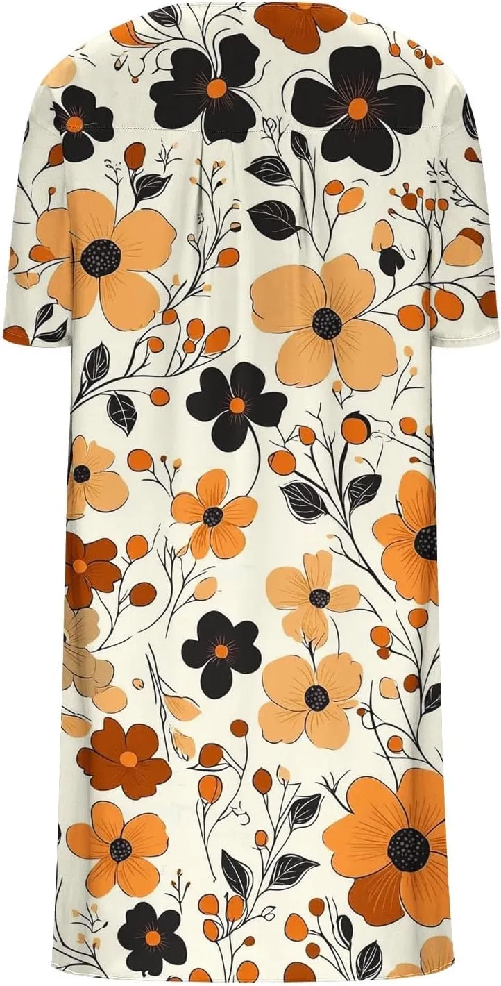 Women's Trendy Cotton Linen Midi Dresses with Pockets V Neck Summer Loose Short Sleeve A-Line Casual Plus Size Dress