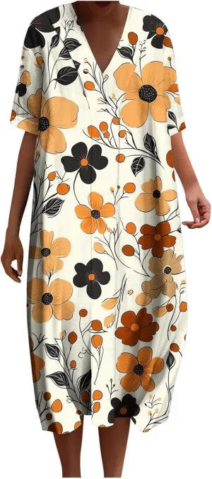 Women's Trendy Cotton Linen Midi Dresses with Pockets V Neck Summer Loose Short Sleeve A-Line Casual Plus Size Dress