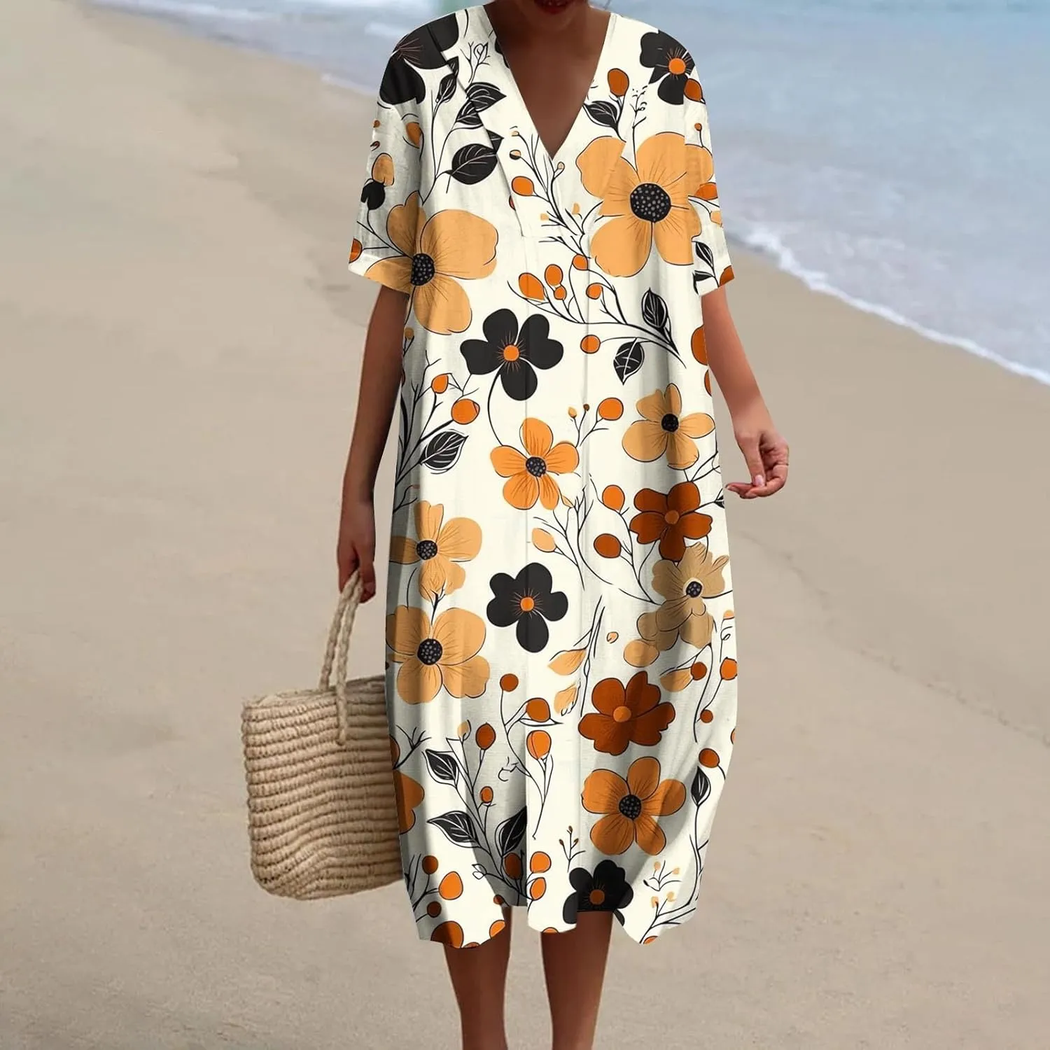 Women's Trendy Cotton Linen Midi Dresses with Pockets V Neck Summer Loose Short Sleeve A-Line Casual Plus Size Dress