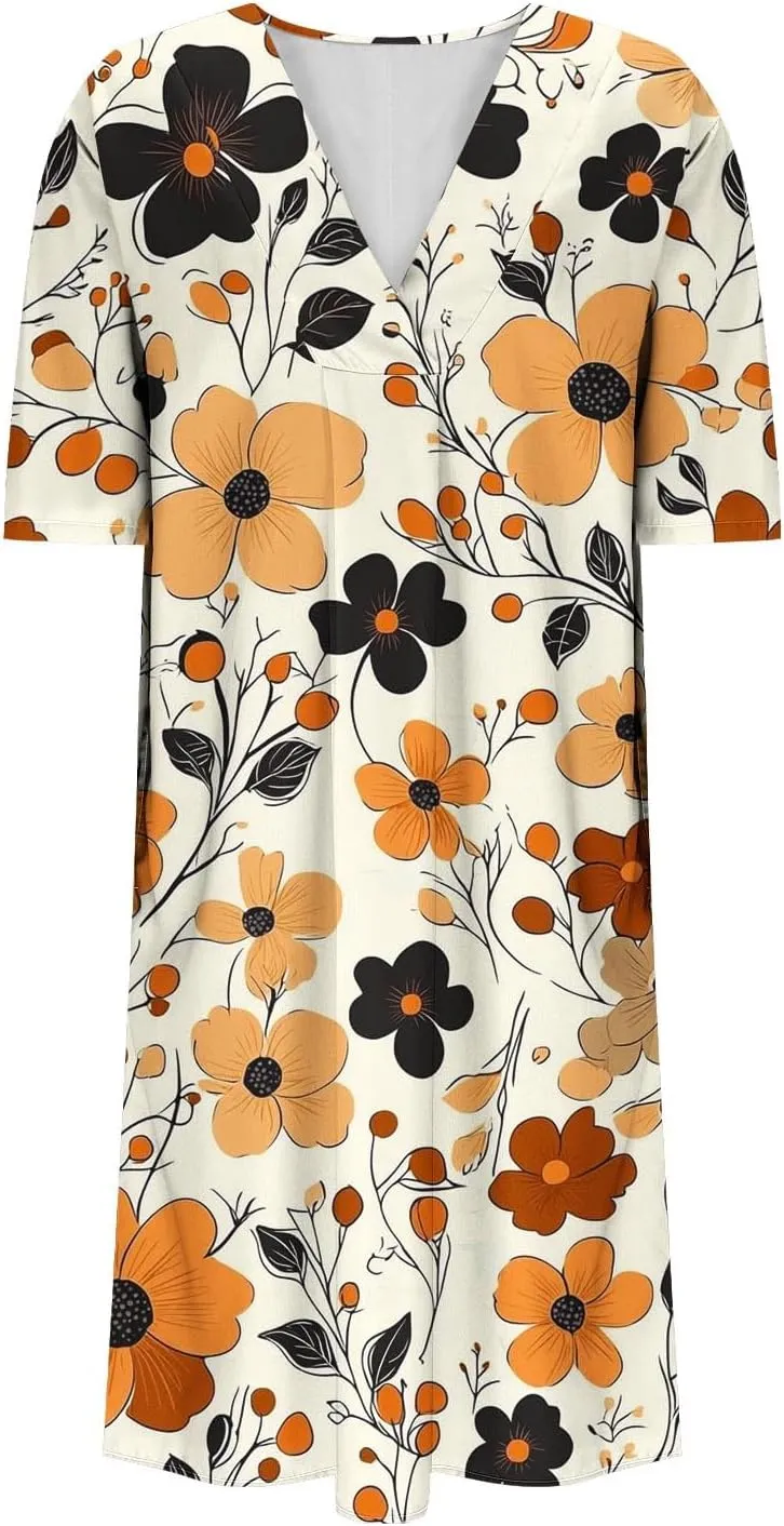 Women's Trendy Cotton Linen Midi Dresses with Pockets V Neck Summer Loose Short Sleeve A-Line Casual Plus Size Dress