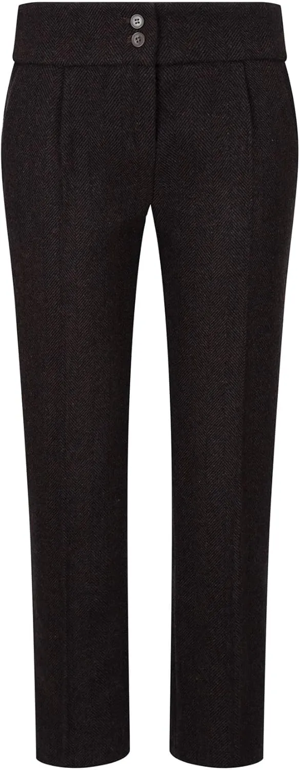 Womens Tweed Herringbone Trousers Brown 1920s Vintage Tailored Classic Smart