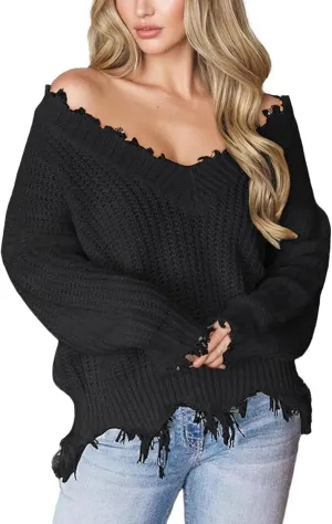 Women's V Neck Loose Knit Pullover Distressed Hem Off Shoulder Crop Sweater Solid Long Sleeve Top