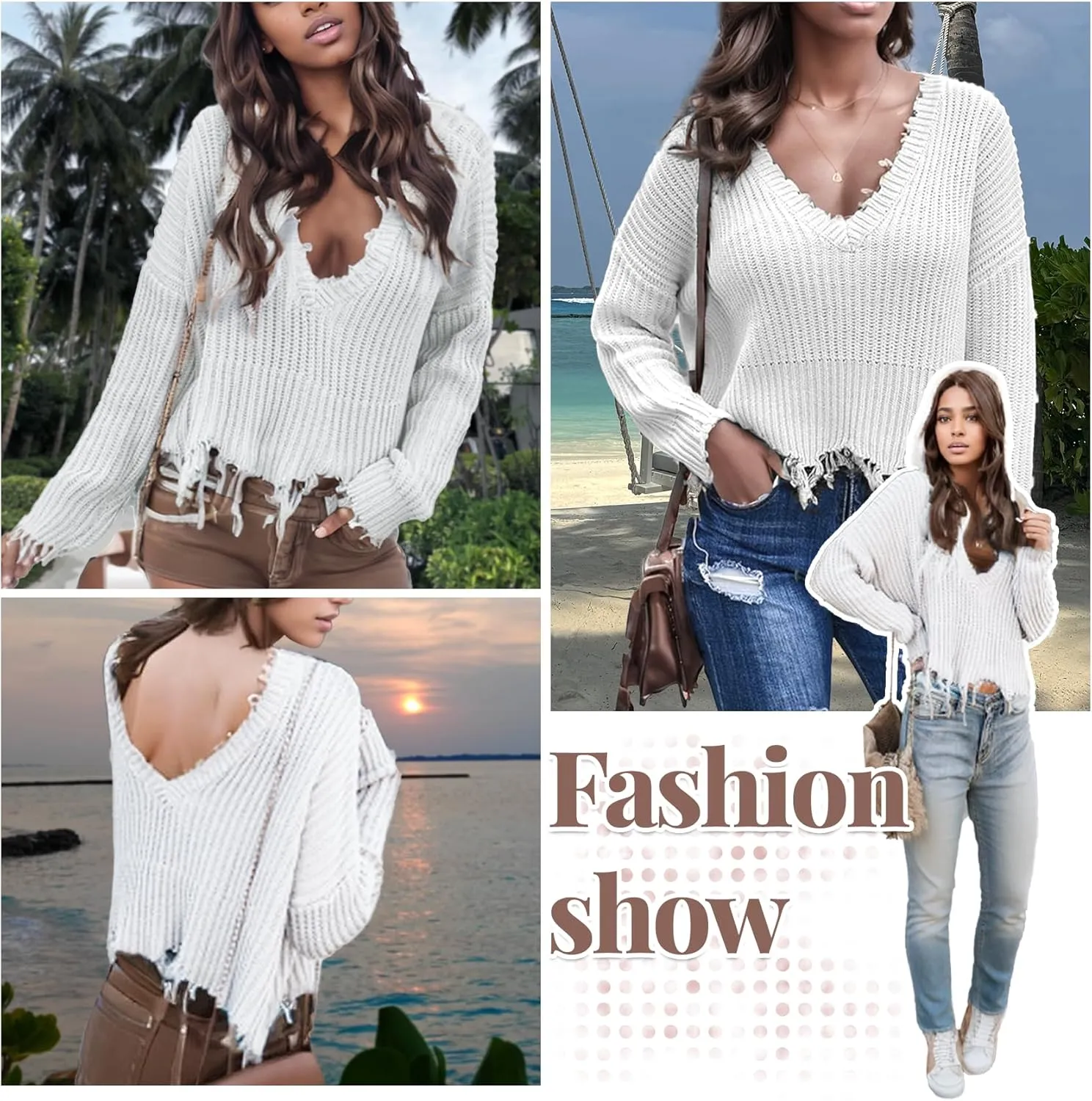 Women's V Neck Loose Knit Pullover Distressed Hem Off Shoulder Crop Sweater Solid Long Sleeve Top