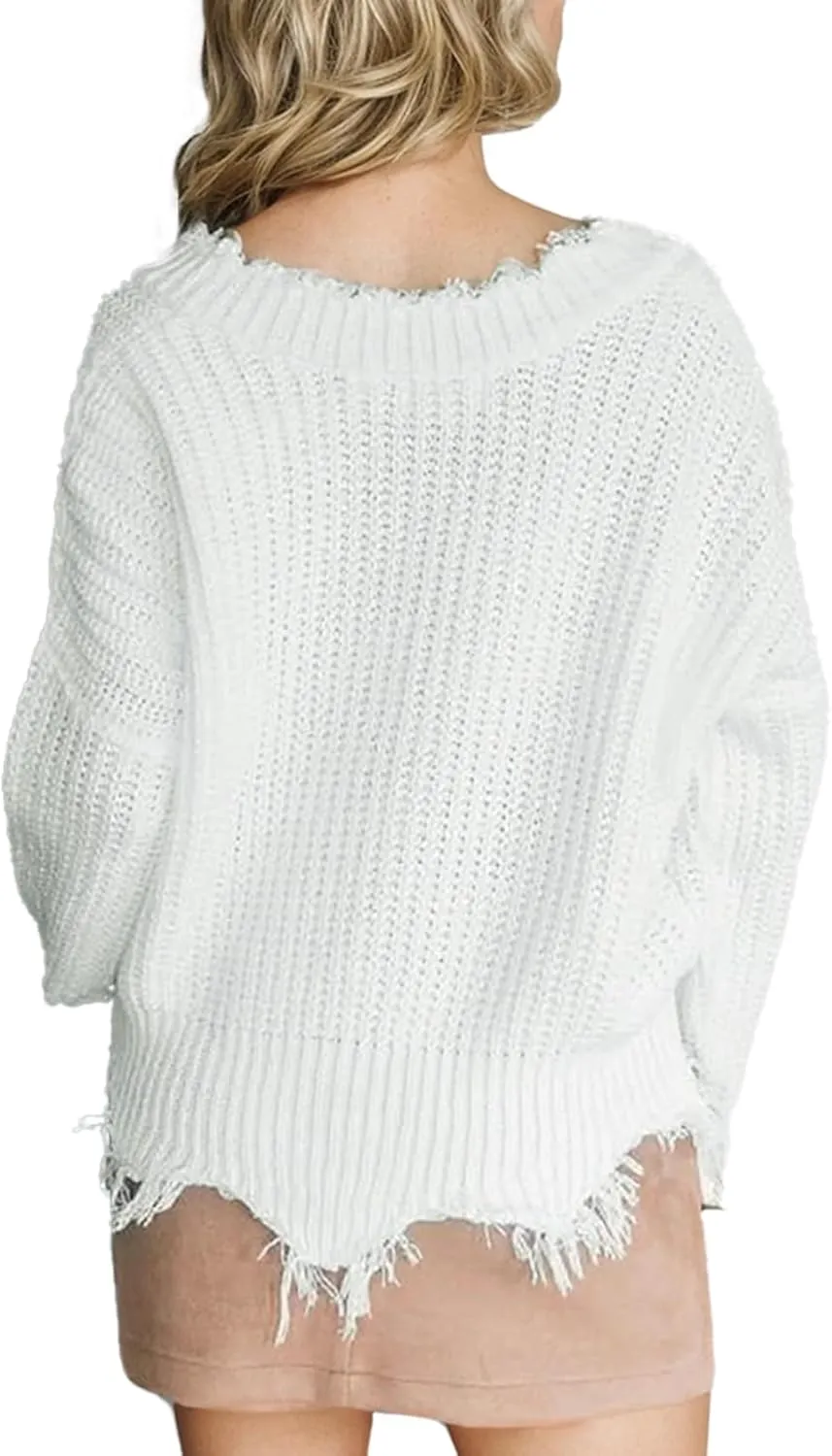 Women's V Neck Loose Knit Pullover Distressed Hem Off Shoulder Crop Sweater Solid Long Sleeve Top
