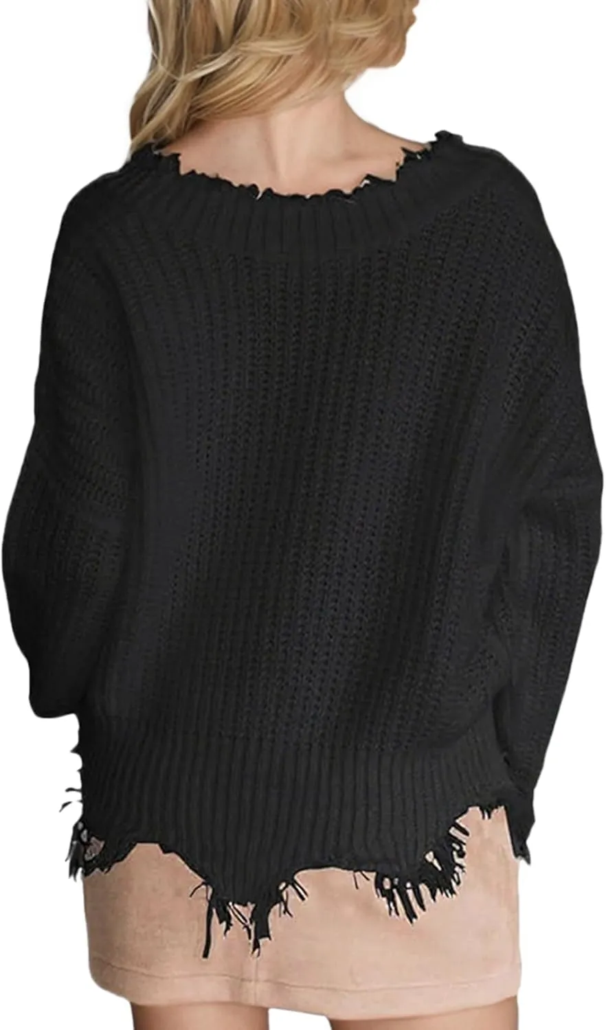 Women's V Neck Loose Knit Pullover Distressed Hem Off Shoulder Crop Sweater Solid Long Sleeve Top