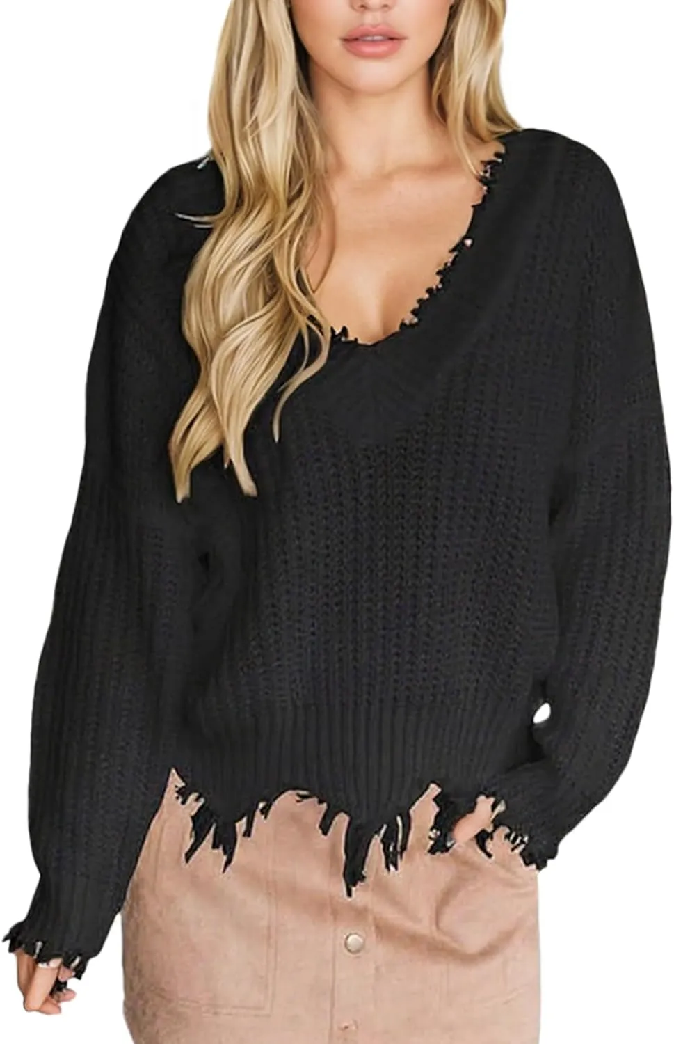 Women's V Neck Loose Knit Pullover Distressed Hem Off Shoulder Crop Sweater Solid Long Sleeve Top