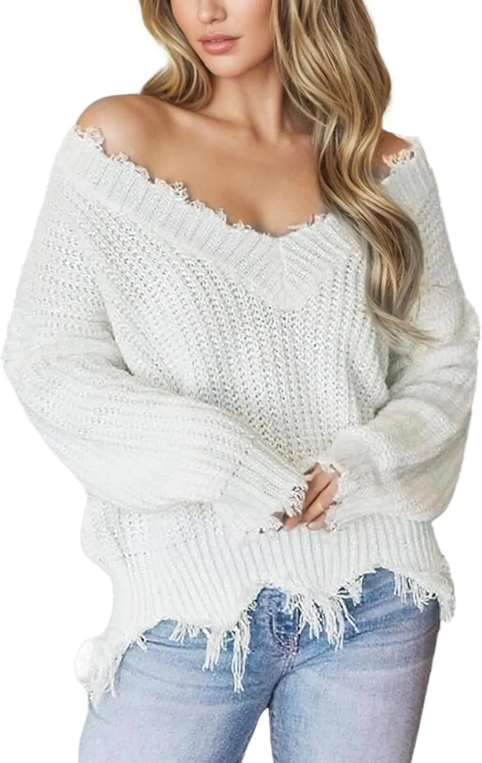 Women's V Neck Loose Knit Pullover Distressed Hem Off Shoulder Crop Sweater Solid Long Sleeve Top